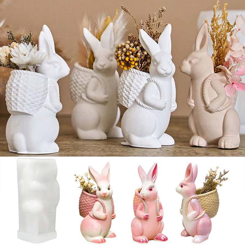 3D Easter Bunny Silicone Mold DIY Cute Animal Basket Rabbit Vase Ornaments Casting Molds Home Plaster Concrete Craft Gift Decor