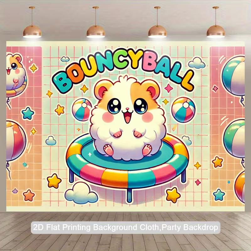 

2D Kawaii Hamster Background Cloth, Pastel Grid Style with Stars and Clouds Wall Decor 47.2x31.5inch/120*80cm