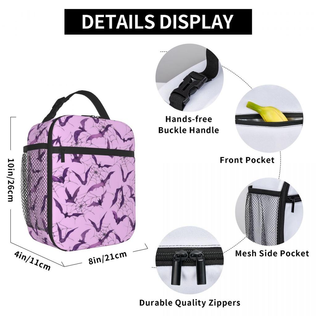 Gradient Purple Bat Pattern Insulated Lunch Bag for Kids School Cooler Thermal Food Box Tote Leakproof Lunch Boxes Container