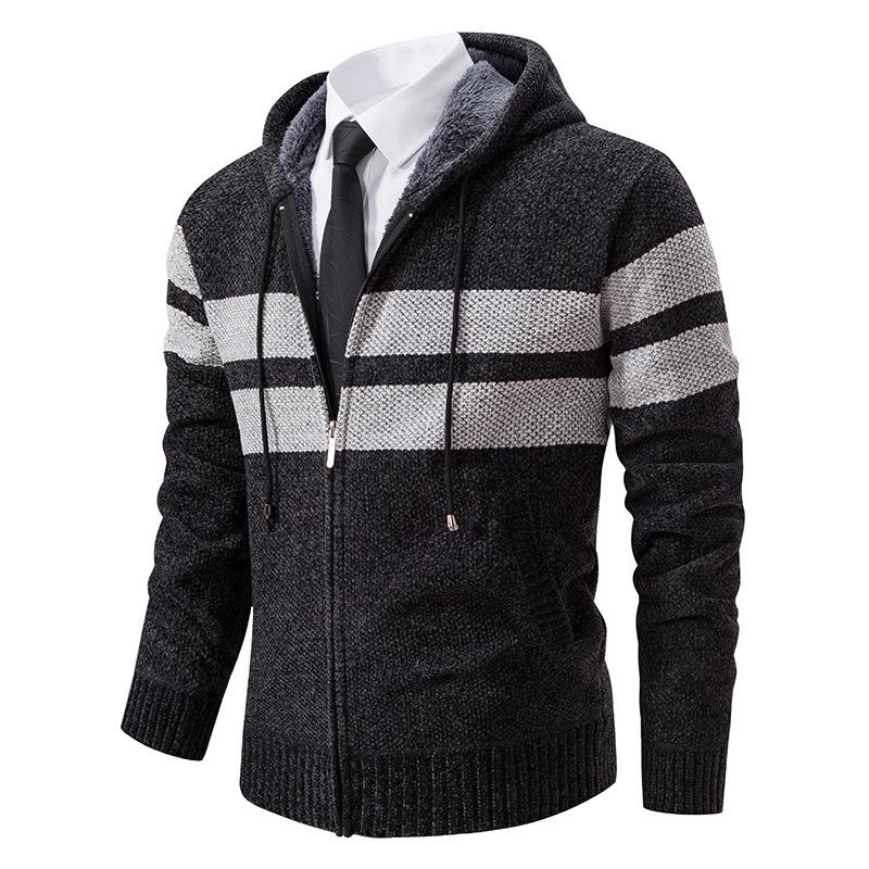 Men s Velvet-Lined Knit Zipper Cardigan, Hooded Jacket for Autumn/Winter 2023 L