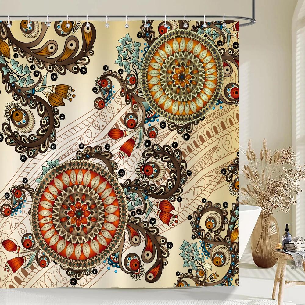 Indian  Bohemian Fabric Shower Curtain Bathroom Curtains Boho Mandala Waterproof Fabric Bath Screen Bathtub Decor with 12 Hooks