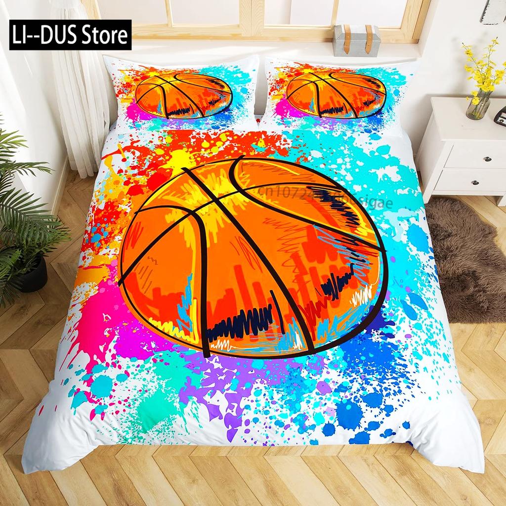Watercolor Cartoon Basketball Print Bedding Set Duvet Cover for Kid Teen Boys Sports Quilt Cover with 2 PillowcasesFull Size