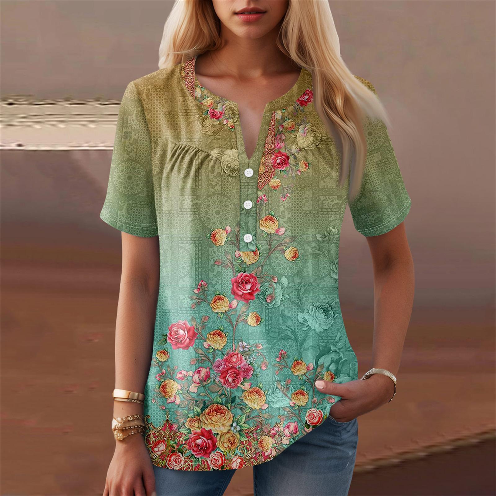 

Женская повседневная футболка с v-образным вырезом и коротким рукавом с цветочным принтом и декоративными пуговицами, топ L циан