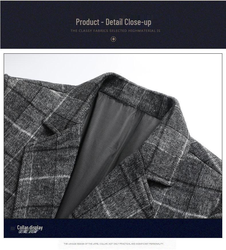 Pánský vlněný kostkovaný kabát střední délky pro podzim/zimu - Business Casual, s příměsí bavlny, zesílený.