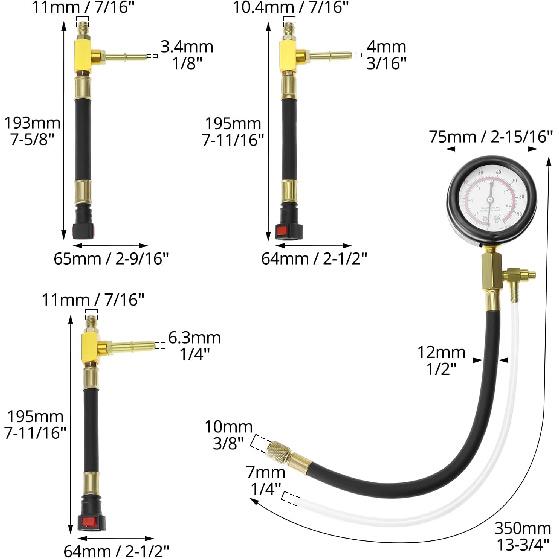 QWORK Universal Fuel Pressure Test Kit, Dual Scale Gauge (0-7 Bar/0-100 Psi) With Multiple Adapter Sizes, Brass Connectors