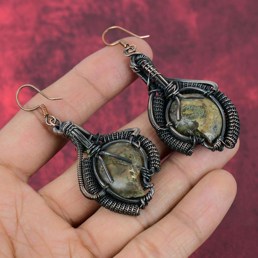 Ammonite Fossil Earring Copper Wire Wrapped Earring Handmade Copper Jewelry Original Gemstone Earring Wire Wrapping Jewelry Gifts For Mother