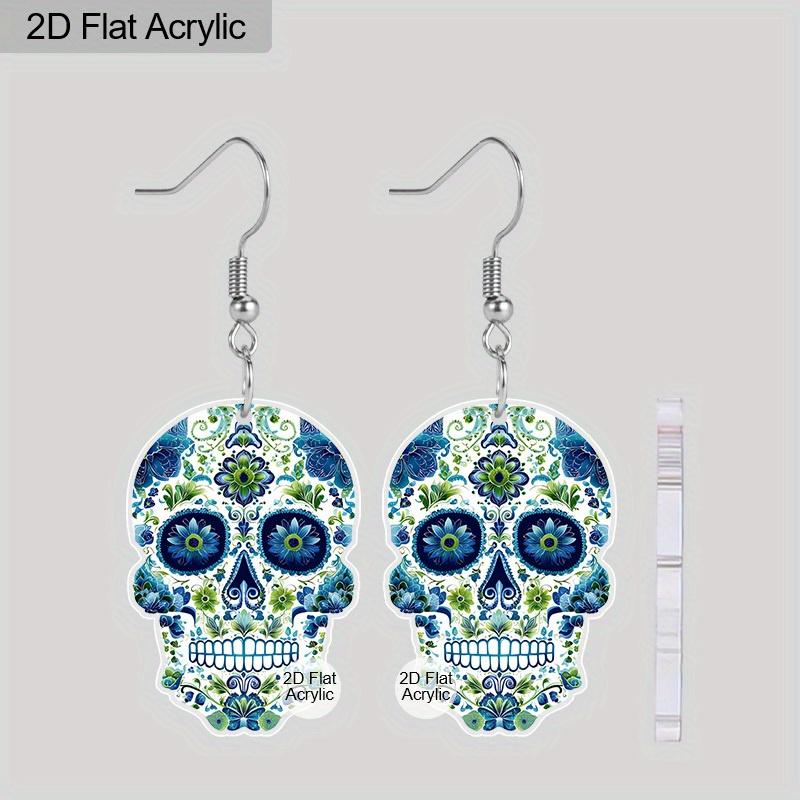 2D Flat Cute Halloween Sugar Skull Earrings Dangle Acrylic Day of the Dead Decor Gifts for Women Festival Charms