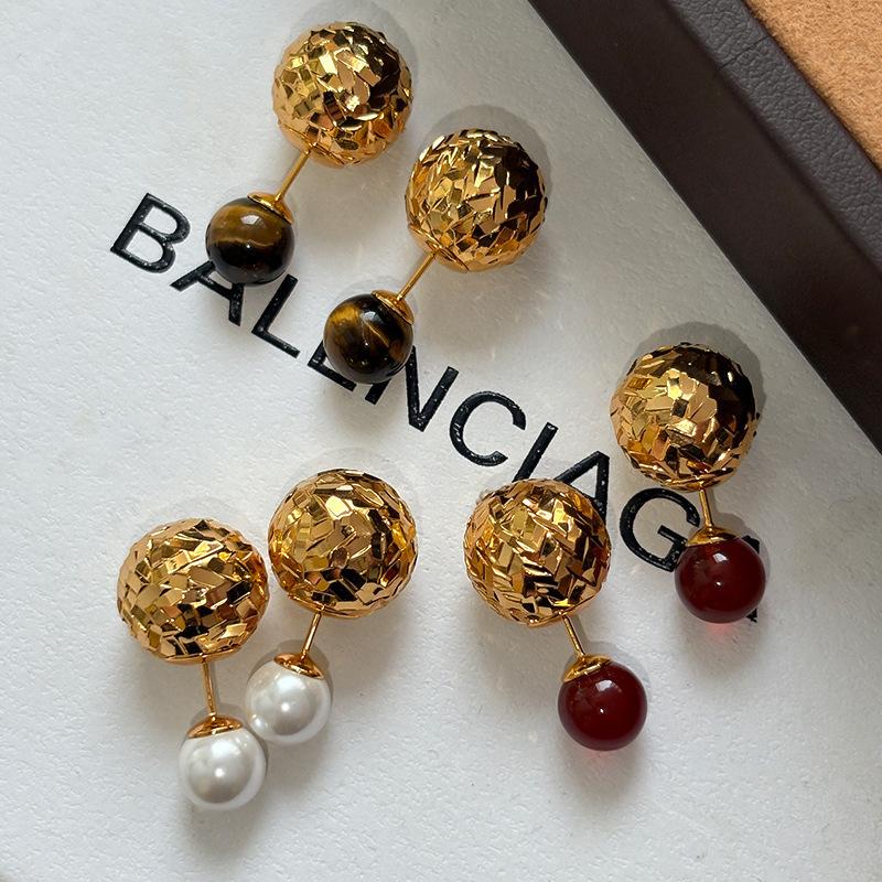 New Chinese Texture Pleated Agate Earrings Women's Unique Niche Temperament High-end Stud Earrings Silver Needle Earrings