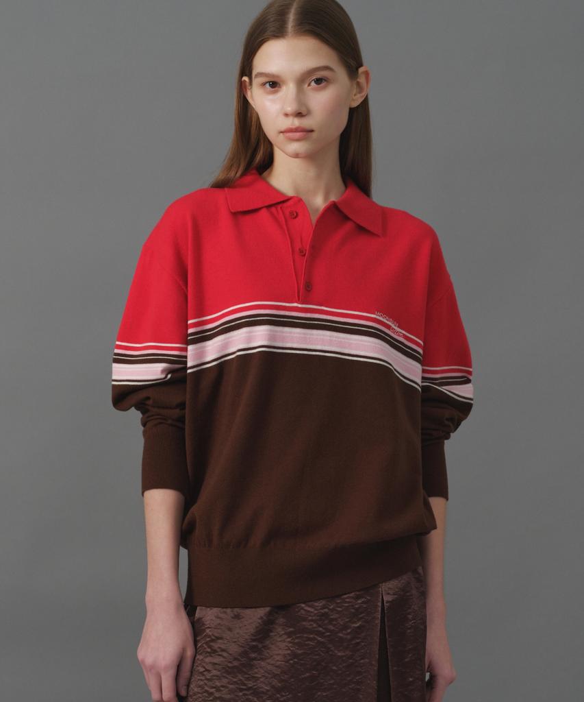 MOONSUN M.C Unisex, Point Stripe Collar Knit / Red Pink