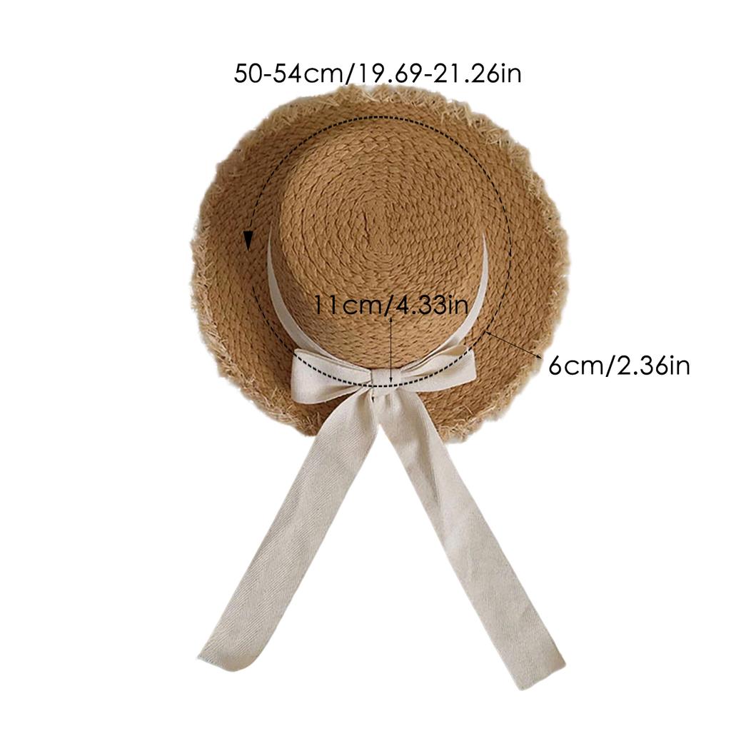 Summer Straw Hat for Baby Girls Vintage Bow Flat Top Fedora Hats Children Outdoor Wide Brim Panama Cap Beach Sun Visors