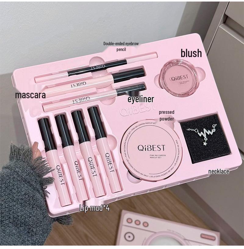 Set Machiaj QIBEST Pudră Cerneală: Ruj, Pudră Compactă, Noroi de Buze, Luciu de Buze, Rimel - Cutie Cadou Frumusețe