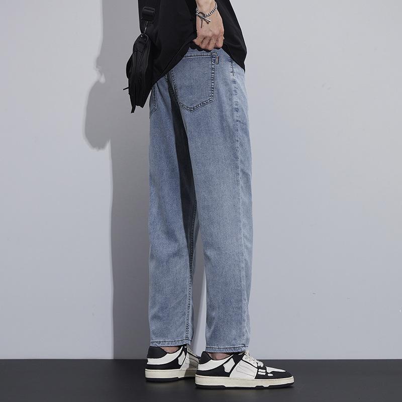Tencel denim men's summer lightweight lyocell loose straight high-end soft trend versatile nine-point pants