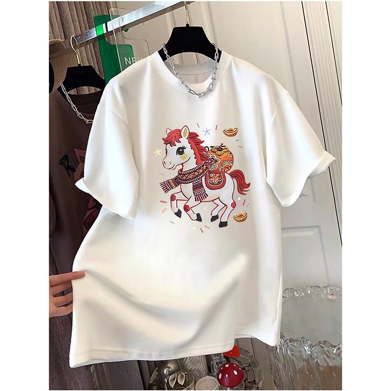 Women's Oversized Short Sleeve Cotton T-shirt, Round Neck, Mid-Length, Hip Covering - 2026 Spring/Summer/Autumn Collection