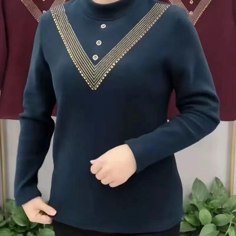 Double-Sided Threaded Velvet Rhinestone Slimming Semi-High Neck Top - Autumn/Winter Warm Base Layer