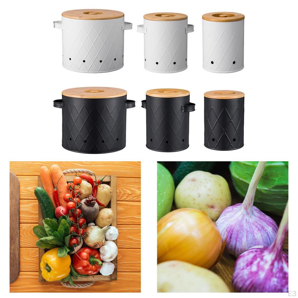 Sada dóz na brambory, cibuli a česnek, pultové nádoby, stohovatelné, víceúčelové, s dřevěným víkem do kuchyně