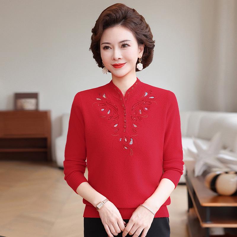 

Luxury Embroidered Wool Sweater for Middle-aged & Elderly Women - Autumn/Winter Style 120 червоний