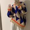 Autumn Winter Women's Korean Style Student Color Block Argyle Lazy Loose Sweater Versatile Knit Top