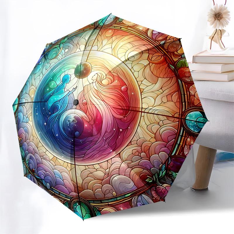 

1pc Stained Glass Design Automatic Opening Folding Umbrella - 8 Bone Iron Frame, Suitable for Fans, Travelers, Daily Use, Festive Gift.KK086