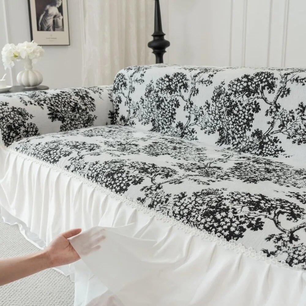 Two-seat Sofa Towel Lace Ruffles Sofa Cover Jacquard Chenille Slipcover for L Shaped Couch Armchair Loveseat Furniture Protector