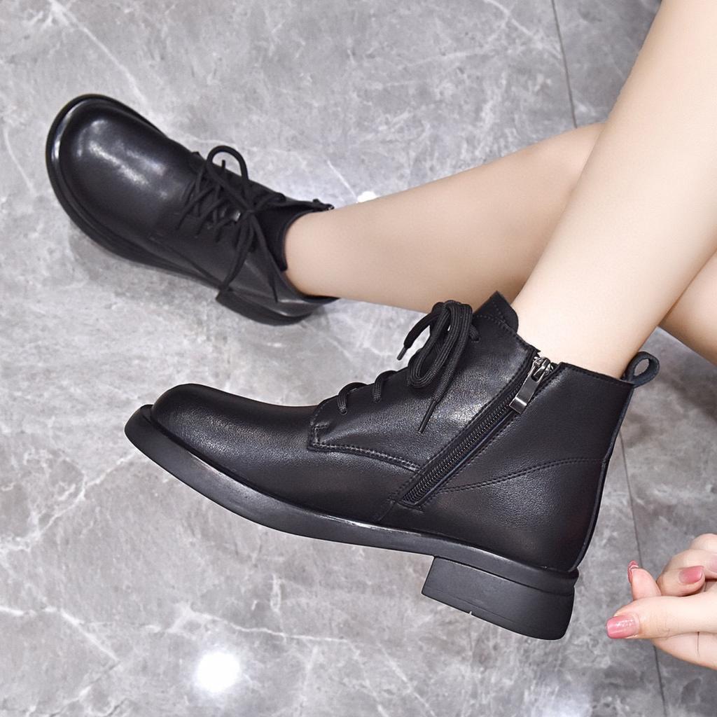 Martin boots women's 2025 autumn and winter new round head flat bottom cowhide short boots comfortable casual British style women's cotton boots lea