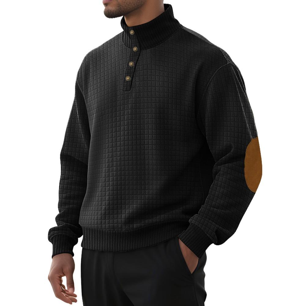 Lightweight Casual Sportswear for Men Jacquard Small Check Pattern Stand-Up Collar Long-Sleeved Pullover Button-Front Outdoor Sweatshirt