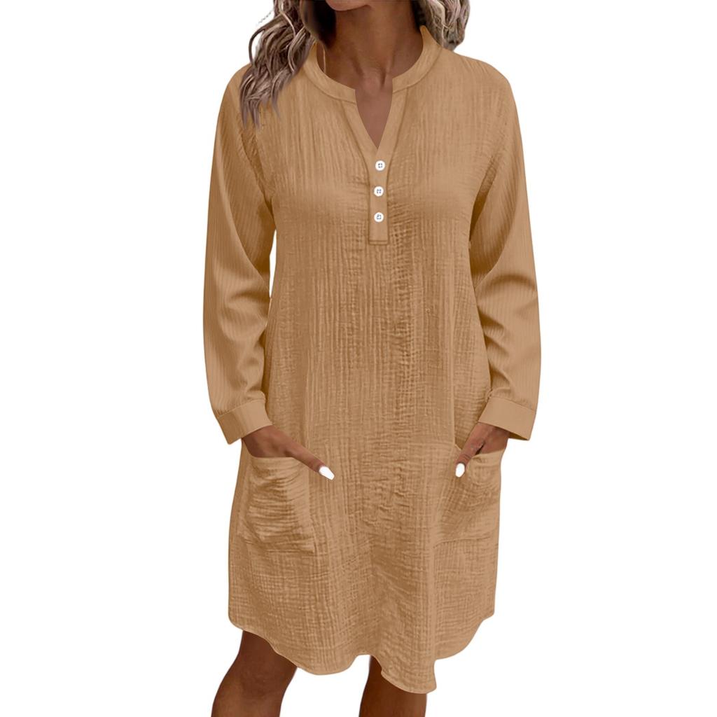 Women's Casual Solid Color Loose V-Neck Button Long Sleeve Beach Dress With Pockets