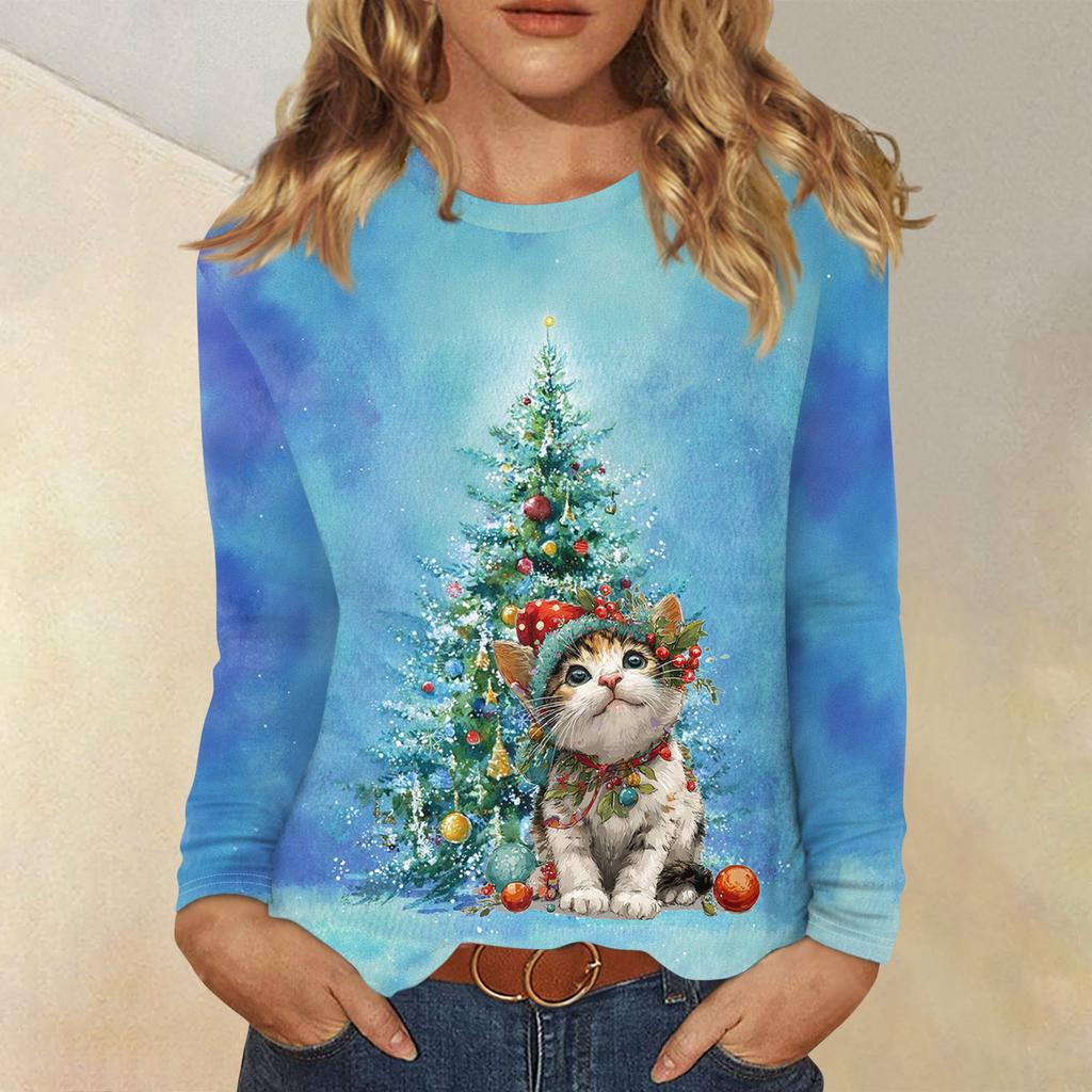 Langermede skjorter for kvinner Søt trykk grafisk t-skjorte Bluser Uformell Pluss størrelse Basic Topper Pullover