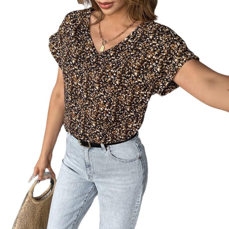 Vacation and Casual Style Floral V-neck Short-sleeved Shirt Women's Wear