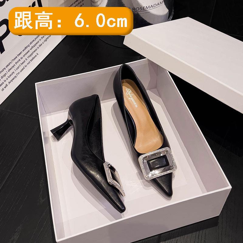 

Black temperament high heels women s pointed head with skirt thin heel 2025 new spring and autumn women s shoes soft leather French light mouth single 34