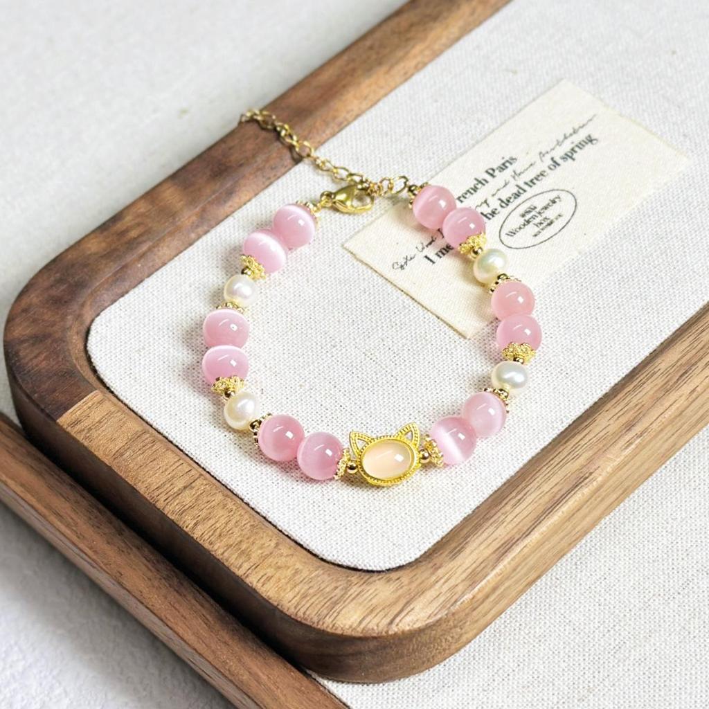 Cat's Eye Pearl & Agate Peach Bracelet - Cute Friendship Jewelry for Women and Students
