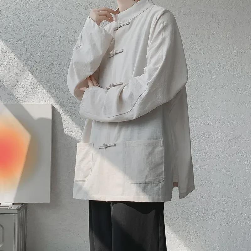Cămașă din in în stil chinezesc și costum Tang pentru bărbați - costum Zhongshan, Hanfu, costum de ceai nou, rochie lungă, jachetă