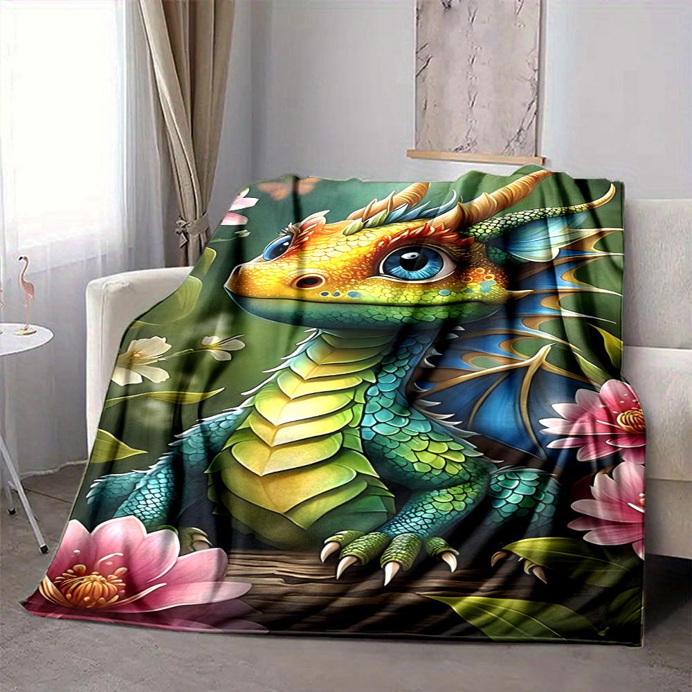 1pc Dragon Flowers Blanket, Lightweight Flannel Throw Blanket For Sofa, Bed, Travel, Camping, Living Room, Office, Couch, Chair, And Bed