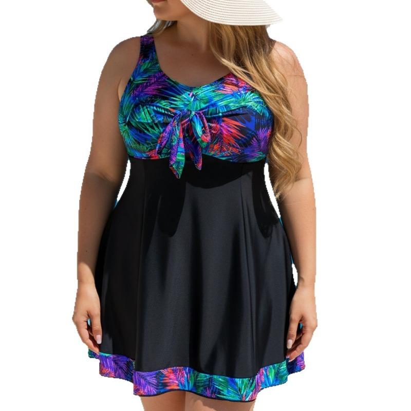Damski Strój Kąpielowy Tankini Plus Size Z Nadrukiem i Wstawkami Z Spódniczką i Figami