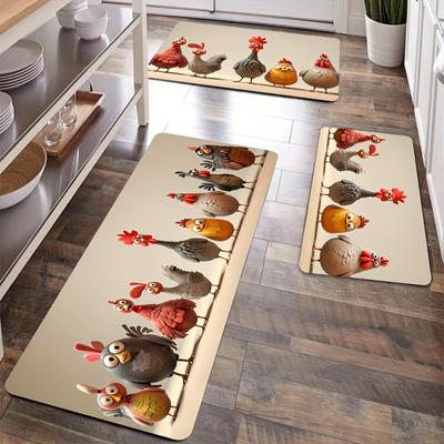 1ks Zábavná Kreslená Kura Protišmyková Kuchynská Podložka - Prateľná v práčke, Interiérový/Exteriérový Koberec na Stolovanie, Kúpeľňovú Dekoráciu
