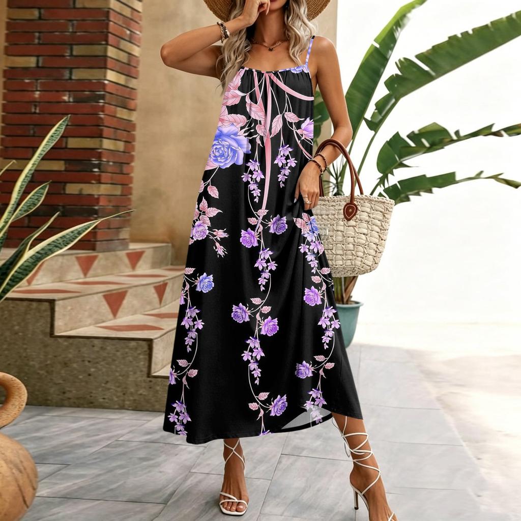 Damen ärmelloses Maxikleid mit floralem geometrischem Print, Spaghettiträger, lässiges Haus-Urlaubs-Kleid, leichtes Sommerkleid