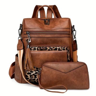 Zweiteiliger Vintage Damenrucksack mit Clutch Große Kapazität Leoparden-Blockdesign mit Quaste Schmutzabweisendes Leder