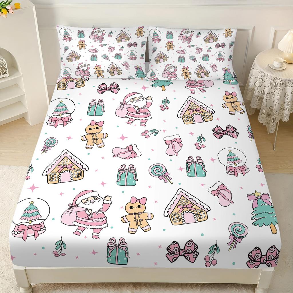 3pcs Merry Christmas Christmas Element Print Coreless Bed Sheet Set Multi Size Bedcover Bedroom Dormitory Bedding Decoration