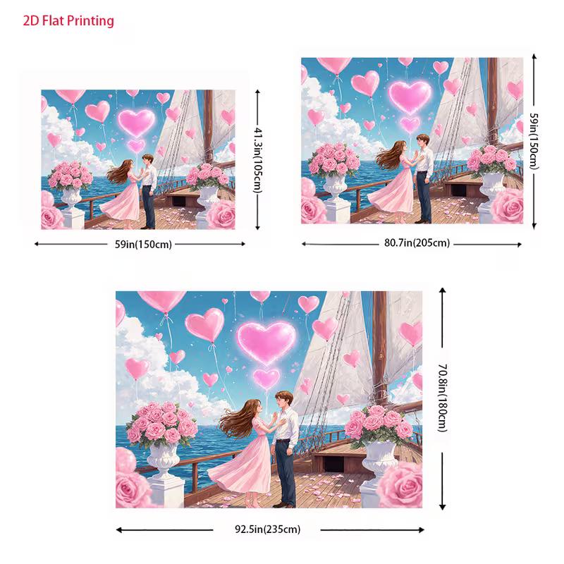 Dreamy Valentine Sailboat Tapestry, Anime Couple on Deck with Pink Heart Balloons and Ocean View, Sweet Romantic Wall Art