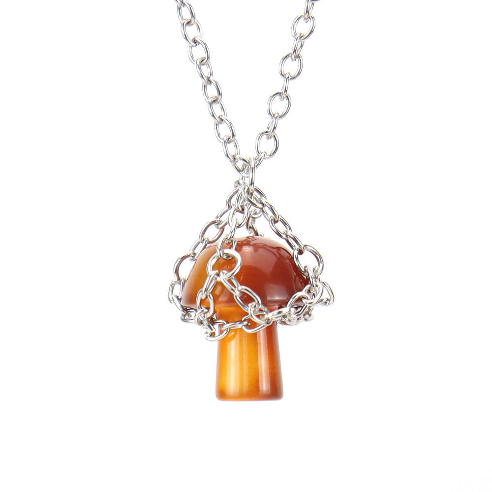 Handmade Silver Mesh Pocket Crystal Tiger Stone Agate Small Mushroom Pendant Necklace Jewelry N697