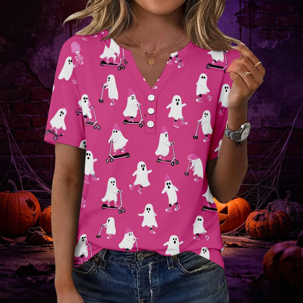 Women V Neck Short Sleeve Button Decor Top with Halloween Print Casual Loose Fit T Shirt for Daily Wear