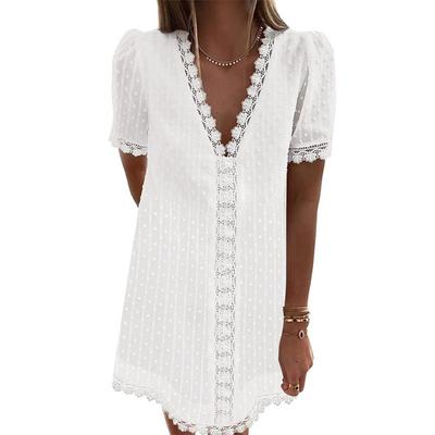 Summer V-neck Casual Short-sleeved Polka Dot Lace Shift Dress