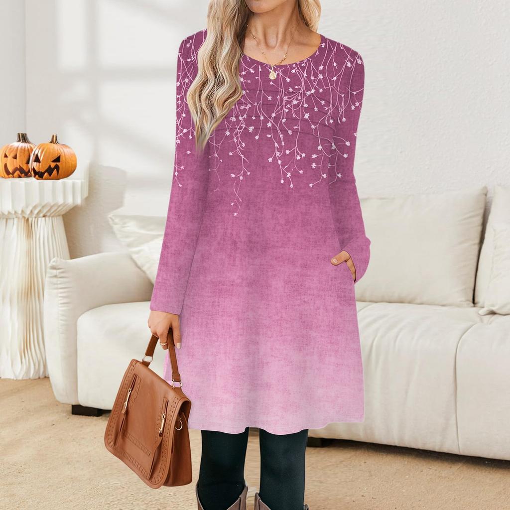 Women's Casual Fashion Long Sleeve Graphic Printed Vintage Dresses With Pockets