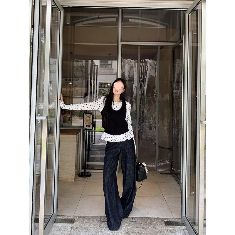 Women's 2025 Korean-Style Polka Dot White Long-Sleeved Top