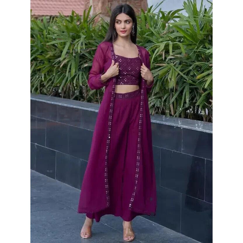 Women Georgette Ethnic Top Palazzo Ethnic Jacket Set Indian Pakistani Party Wear VF-20162