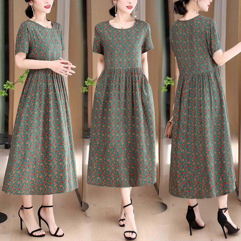 Elegant Long Dresses Women Summer Casual Short Sleeve Vintage Dress Korean Style O-Neck Female Clothing
