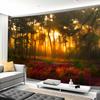 Forest Sunset Tapestry Wall Hanging, Sun Rays Through Trees And Colorful Flowers, Nature Landscape Home Decor For Living Room