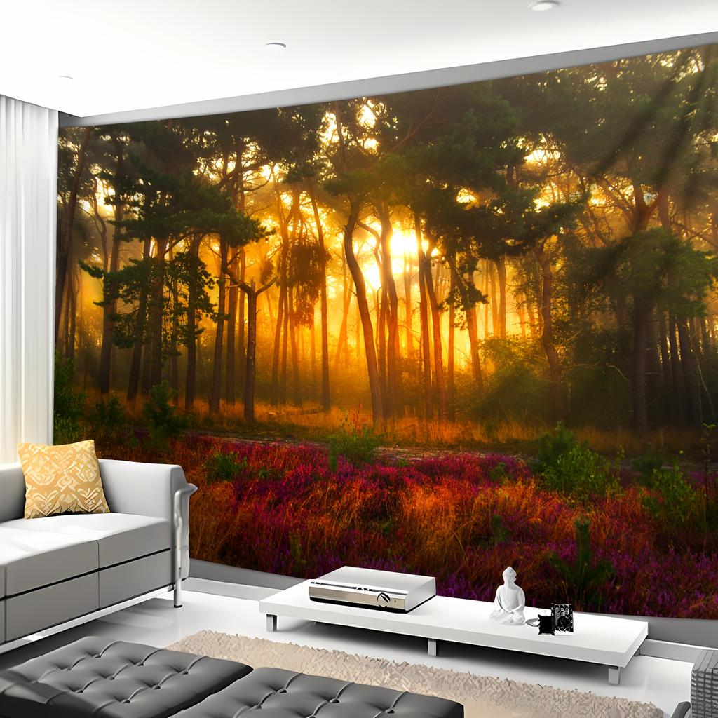 Forest Sunset Tapestry Wall Hanging, Sun Rays Through Trees And Colorful Flowers, Nature Landscape Home Decor For Living Room