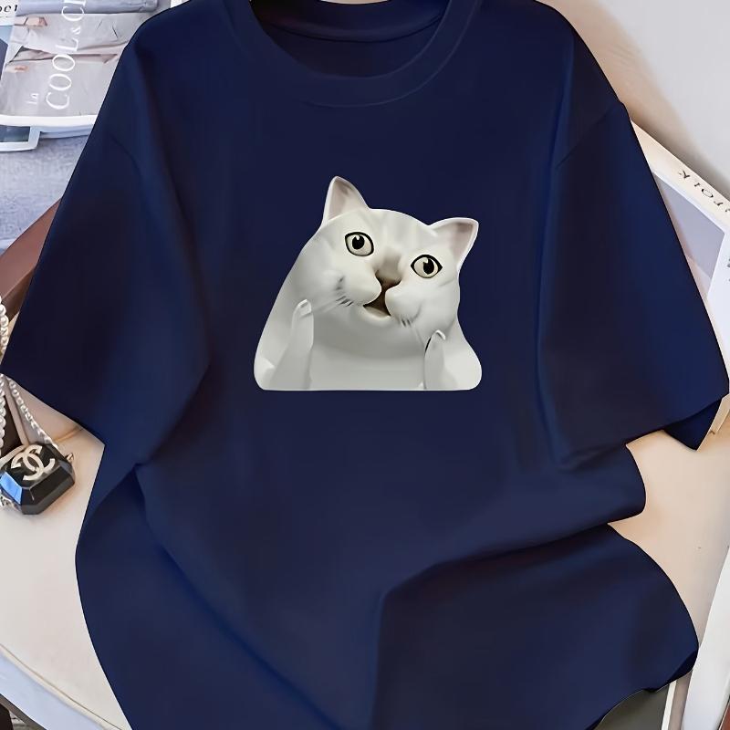 

Футболка с принтом «Удивлённая кошка», дышащая, прохладная, удобная в носке, для повседневной носки. XXL белый