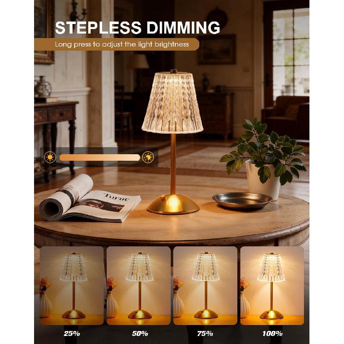 Kabellose Touch-Tischlampe, Klassische Edition Wiederaufladbare Kleine Schreibtischlampe | 3 Farben Dimmbar Goldene Kristalllampe für Schlafzimmer, Restaurant, Küche & Zuhause