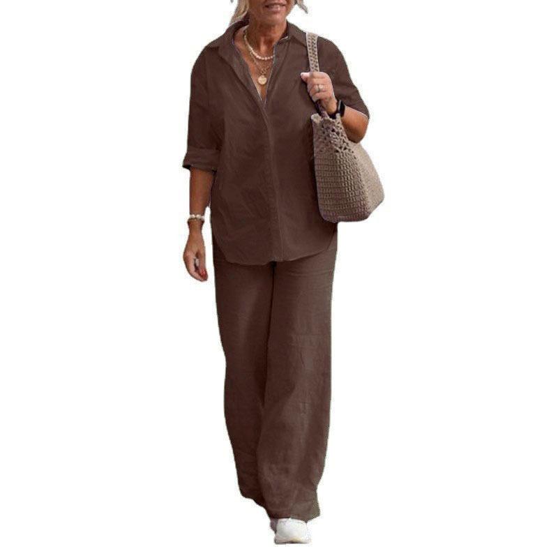European and American Cross-border Women's Clothing Two-piece Set Women's 2026 Lapel Collar Long-sleeved Shirt Spring and Autumn Casual Solid Color